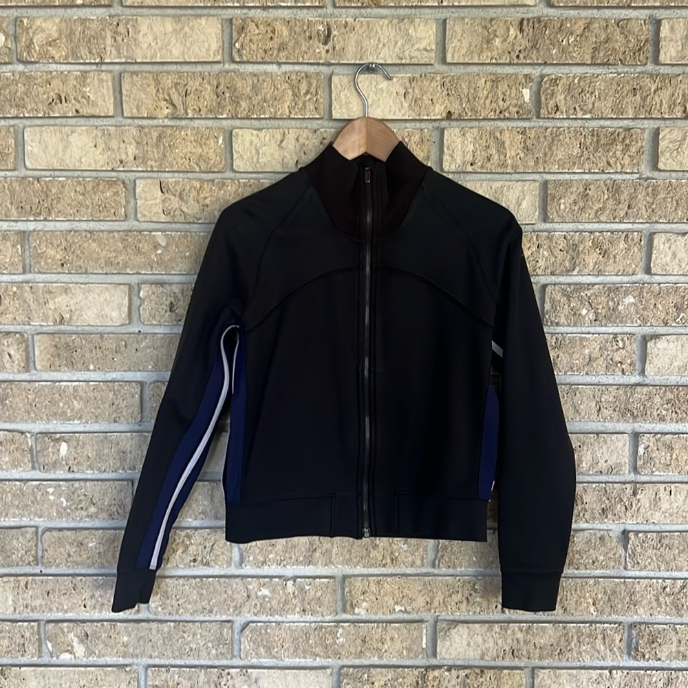 Lululemon track jacket. Cropped. Black with navy and white stripes.